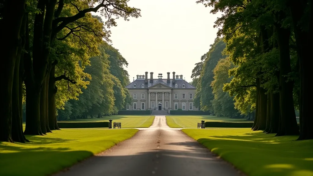 Historic estate mansion visible through trees at the end of the formal avenue, elegant 18th-century architecture framed by the walkway