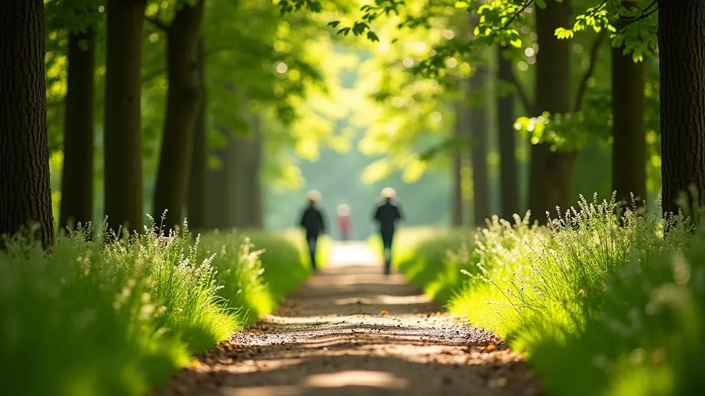 Peaceful woodland path with mature trees, dappled sunlight, natural terrain, serene atmosphere ideal for leisurely walks