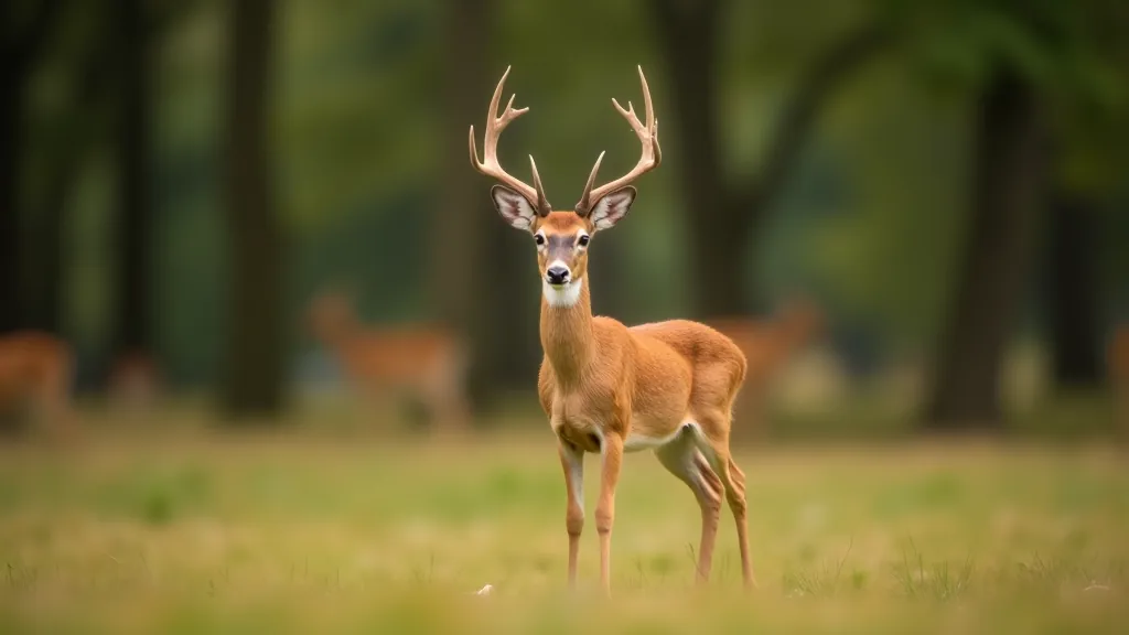 Red deer doe standing alert in natural woodland clearing with trees in background