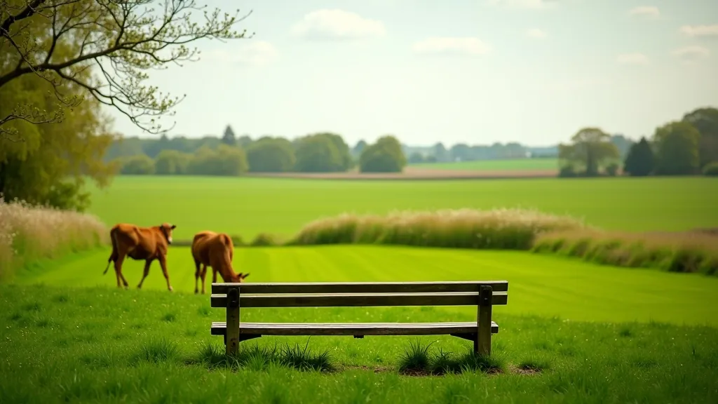 Wooden park bench in pastoral meadow setting