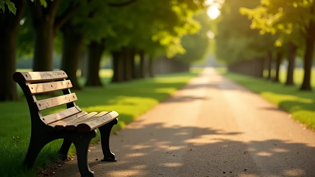 Peaceful park bench positioned along the tree-lined avenue pathway, late afternoon shadows creating peaceful atmosphere