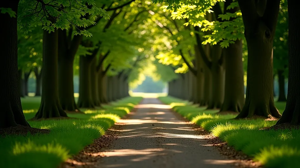 Woodland path with dappled sunlight filtering through beech and oak tree canopy